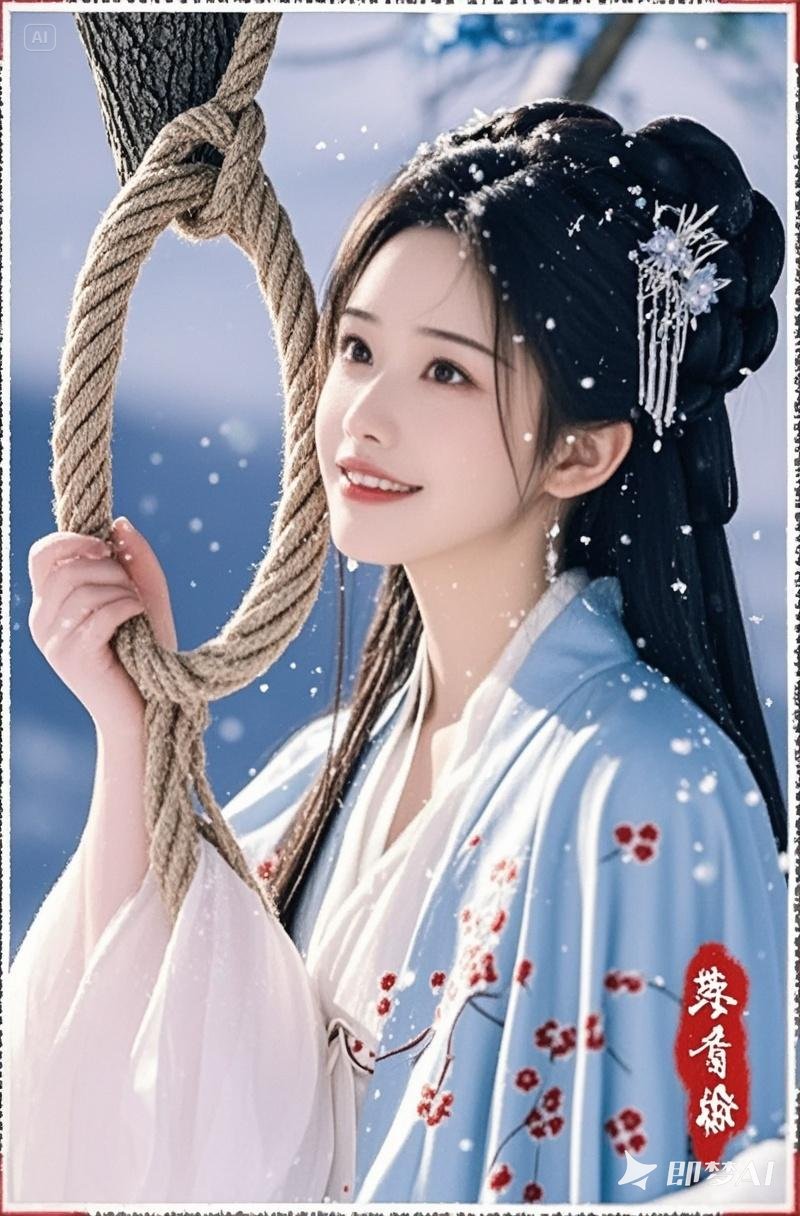 jimeng-2025-05-05-573-女人要抓着树上的绳环，绳子有一个大圈，女人把头凑近大圈，女.jpeg